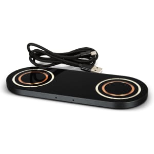 A sleek black dual wireless charger with gold accents and a USB cable. It features a modern design and branding.