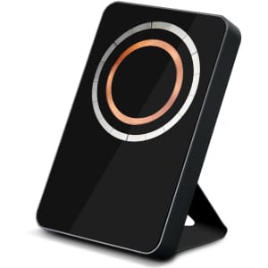 A wireless charging power bank in black with a circular detailing and a built-in stand. It features a branding logo.
