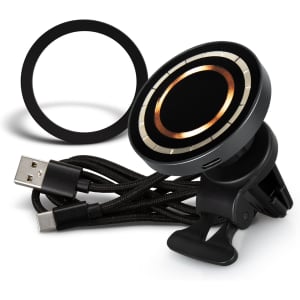 A black wireless car charger with a circular design, accompanied by a USB cable and a mounting clip.