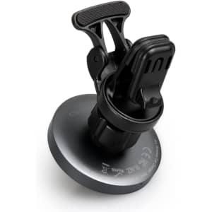 A wireless car charger in black with a suction mount for vehicle use, featuring an adjustable holder.