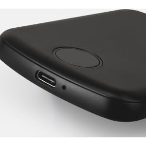 A black wireless charging power bank with a USB-C port and a branding logo.
