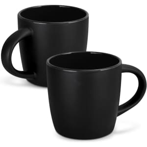 A black two-tone coffee mug set with a smooth finish and ergonomic handles, featuring a logo.