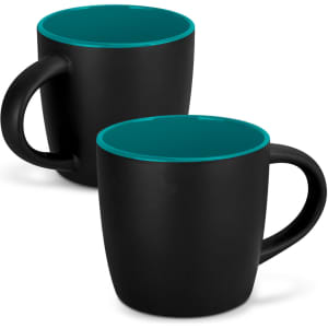 A drinkware set featuring two-tone mocha coffee mugs, with a matte black exterior and a teal interior.