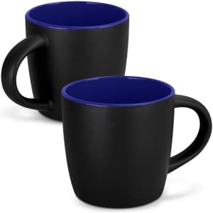 A two-tone coffee mug set featuring a matte black exterior and a vibrant blue interior, with a handle for easy grip.