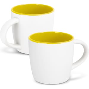 A two-tone coffee mug featuring a white exterior and a bright yellow interior, with a handle and simple design.