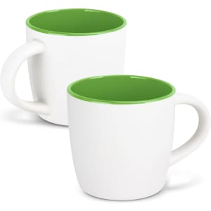 A drinkware set featuring two-tone coffee mugs with a white exterior and vibrant green interior. Each mug has a handle and a logo.