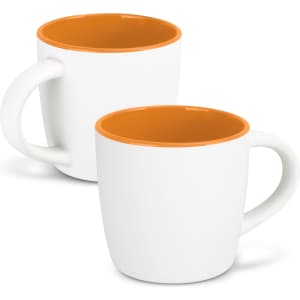 A two-tone coffee mug featuring a white exterior and orange interior, with a curved handle. Includes a logo.