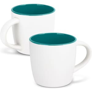 A two-tone coffee mug featuring a white exterior and a teal interior, with a curved handle and a smooth finish.