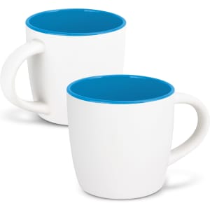 A drinkware coffee mug featuring a white exterior with a contrasting blue interior and rim. Includes a handle and logo.