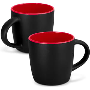 A coffee mug with a matte black exterior and a contrasting red interior, featuring a handle and a logo.