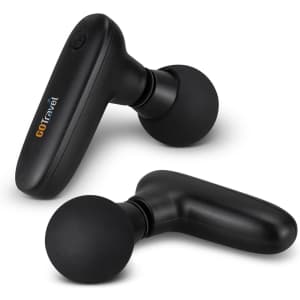 A compact handheld massager in black, featuring a sleek design and round massage heads. It has a logo on the side.