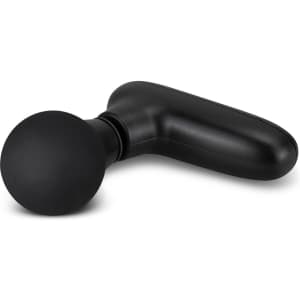 A compact handheld massager in black, featuring a round applicator and an ergonomic handle. It has a simple design and includes a logo.