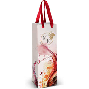 A wine ribbon handle paper bag in white, featuring colourful wine splash designs and a logo.