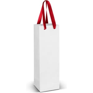 A tall, white paper bag with red ribbon handles, designed for holding a drink bottle.