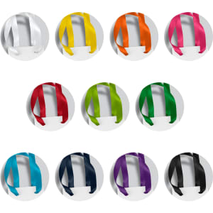 A collection of wine ribbon handle paper bags in various colours, each featuring colourful ribbon handles and a logo.