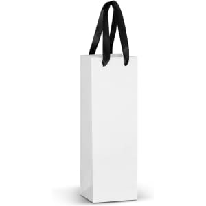 A tall, white paper bag with black ribbon handles and a simple design. It features a logo on the surface.