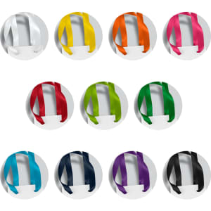 A set of champagne ribbon handle paper bags in various colours, each featuring a matching ribbon handle and a logo.