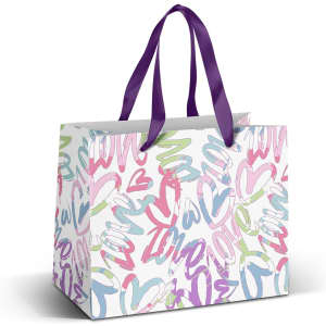 A medium paper bag with a multi-coloured heart and swirl design, featuring purple ribbon handles.