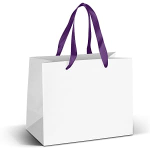 A medium-sized white paper bag with purple ribbon handles and a plain design, featuring a logo.
