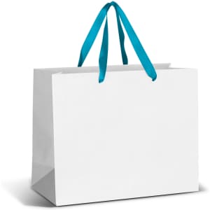 A large paper bag in white with teal ribbon handles, featuring a blank surface and no visible branding.