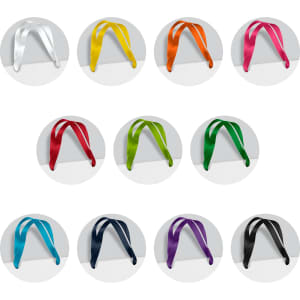 A collection of large ribbon handles in various colours, including white, yellow, orange, pink, green, blue, and black.
