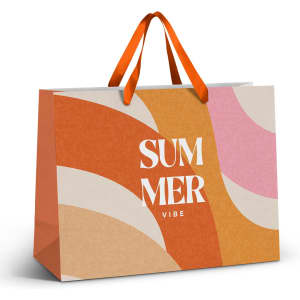 A large paper bag featuring orange, pink, and cream waves, with orange ribbon handles and a logo.