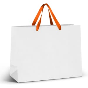 An extra large white paper bag with orange ribbon handles and a plain design.