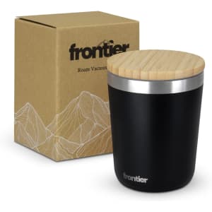 A drink bottle with a sleek black body and a bamboo lid, accompanied by a branded cardboard box.
