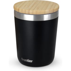 A drink bottle with a matte black body and a bamboo lid, featuring a logo on the side.