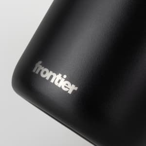 A drink bottle featuring a sleek black design with a branding logo. Ideal for keeping beverages hot or cold.
