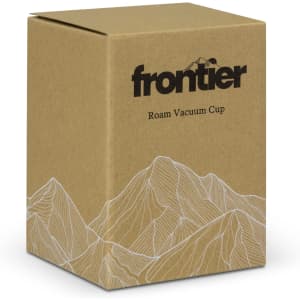 A brown cardboard box containing the Frontier Roam Vacuum Cup, featuring a mountain design and a logo.