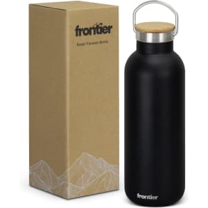 A drink bottle with a sleek black finish and a wooden lid, accompanied by a brown cardboard box.
