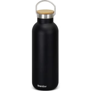 A drink bottle in matte black with a bamboo lid and a metal handle, featuring a logo at the base.