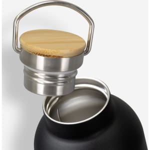 A drink bottle with a matte black finish, featuring a bamboo lid and a stainless steel opening. Logo visible.