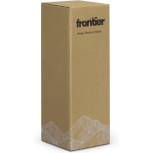 A drink bottle packaging in a brown cardboard box with a mountain line drawing and a logo.