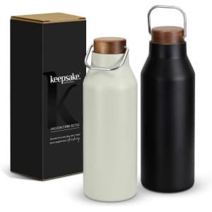 A drink bottle set featuring a cream and a black vacuum drink bottle, both with wooden lids, beside a branded box.