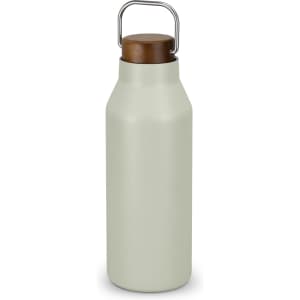 A drink bottle in a soft green finish with a wooden lid and a metal handle. Features a logo on the surface.