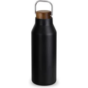 A drink bottle in matte black with a wooden lid and a metal handle. It features a logo on the body.