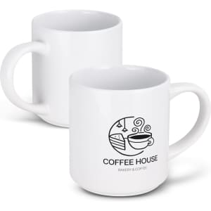 A stackable white coffee mug featuring a logo with coffee and pastry illustrations.
