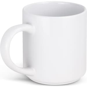 A white stackable coffee mug with a rounded design and a handle, featuring a smooth finish.