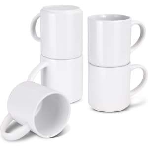 A stack of white coffee mugs featuring a handle, designed for space-saving storage.