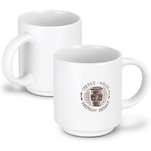 A stackable white coffee mug with a round logo design featuring a coffee cup.