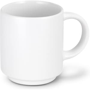 A stackable white coffee mug with a smooth finish and a rounded handle, featuring a simple design with a branding logo.