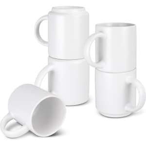 A stack of four white espresso coffee mugs, showcasing a modern design and featuring one logo.