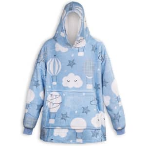 A blue blanket hoodie with a playful design featuring hot air balloons and clouds, complete with a hood.