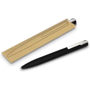 A black metal pen with a silver clip, placed alongside its packaging. The packaging features a simple design.