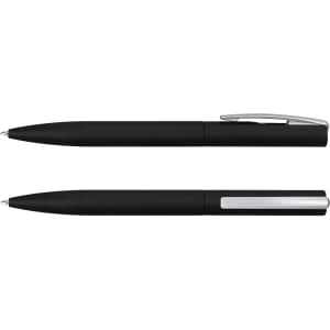 A pair of black metal pens, featuring a sleek design with a silver clip and detailing. Includes logo branding.