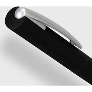 A black metal pen with a silver clip, featuring a sleek and modern design. It has a logo on the side.