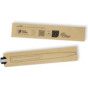 A metal pen featuring a sleek design, presented in eco-friendly packaging with a logo. The pen is silver in colour.