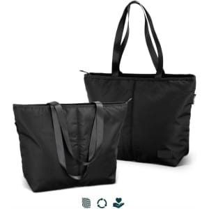 A black tote bag with dual handles and a zippered top, featuring a logo on one side.
